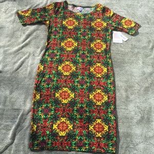 LulaRoe green, red, yellow design Julia dress